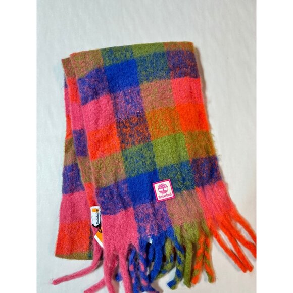 TIMBERLAND multi-check fuzzy long fringes women's winter scarf -Fruit/Multicolor - Picture 3 of 6